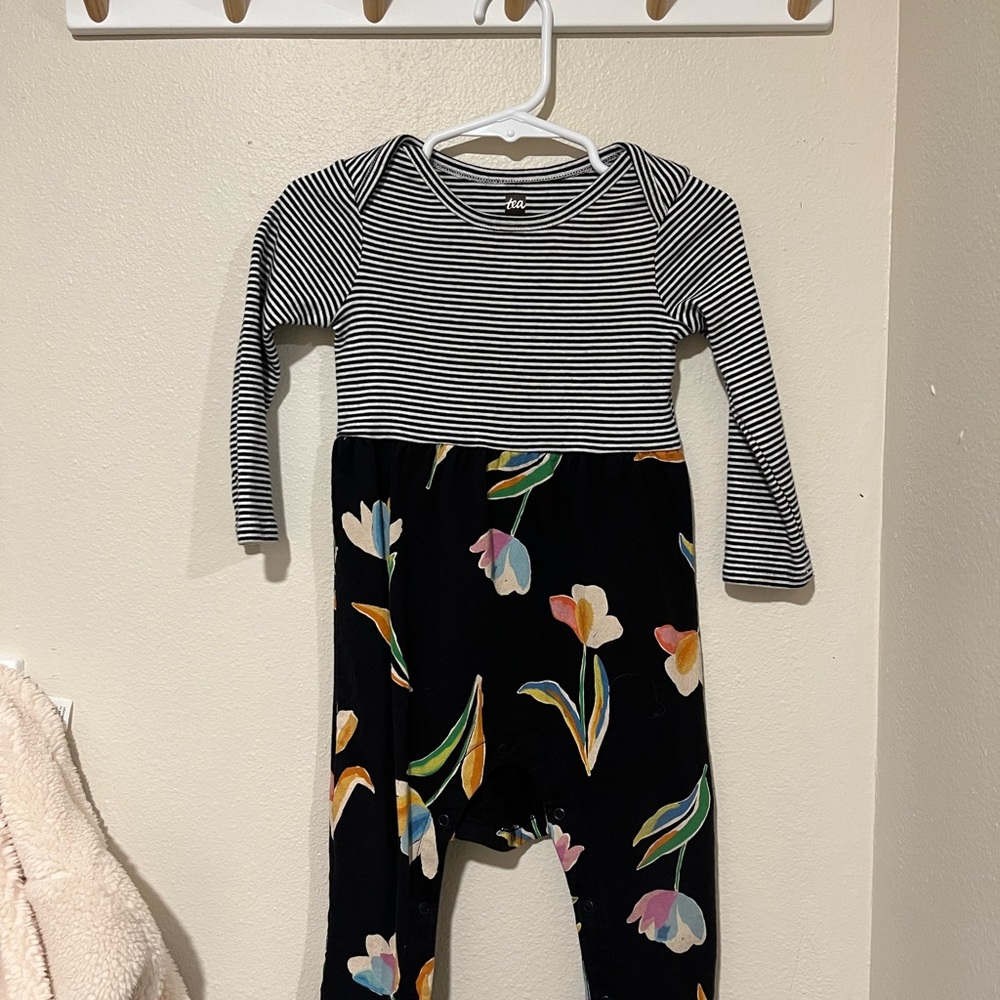 Tea Collection Black and White Striped Floral One Piece